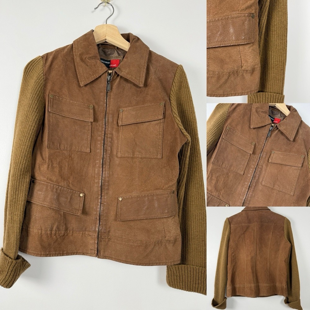 Marcelle Renee Leather‎ Jacket W/ Sweater Sleeves size Medium Vtg